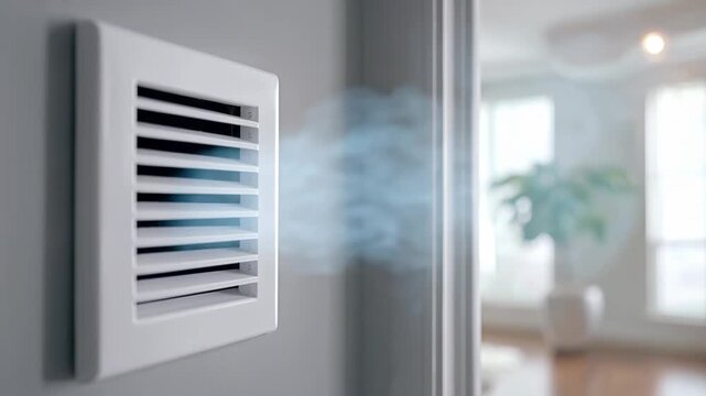 A close-up shot of a white air vent on a gray wall, with cool mist or steam coming out of it.