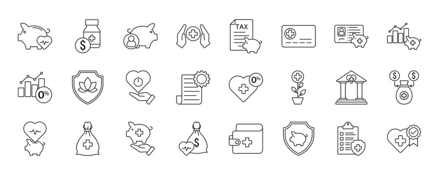 Health Savings Account Icon set. HSA Set, Health Savings, Account, Medical Savings, Tax, Card, HSA ID, HSA Growth and Health Savings Badge. EPS 10