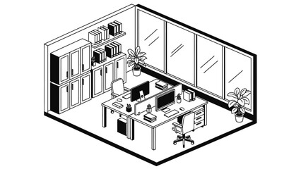 Modern office interior in isometric view with desks, computers, chairs, and plants