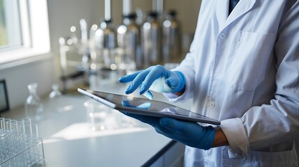 Scientist using a digital tablet in a modern laboratory setting
