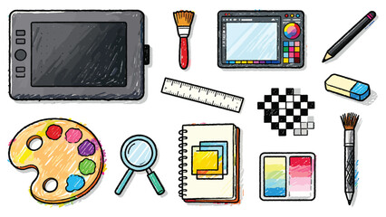 A collection of art supplies including a tablet, paintbrush, palette, and notebook on a clean white background