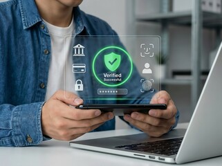 Close-up of hands holding a smartphone with a futuristic holographic overlay showing a green shield and "Verified Successful" text. Icons of fingerprint, face recognition, and banking security visible