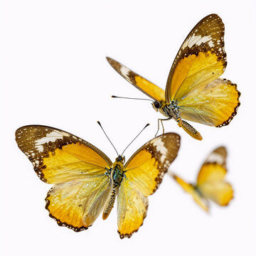 Two Phoebis philea butterflies, isolated on a white background with spread wings and in flight
