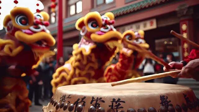 Chinese lunar new year holiday celebration. Spring festival tradition. Chunjie. Asia. A closeup shot of a drum with Chinese characters on it, set against a backdrop of a bustling street.