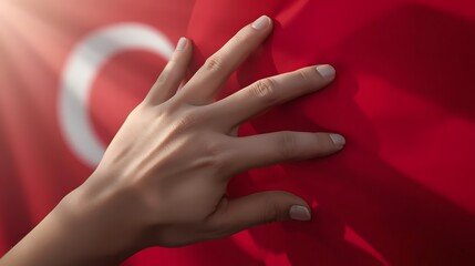 Touching Turkish Flag: A close-up shot of a hand gently caressing the vibrant red of the Turkish flag, a symbol of national pride, culture, and unity. Capturing the spirit of patriotism and devotion.