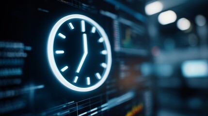 A glowing neon clock is displayed prominently on a sleek digital interface filled with data. The scene emphasizes time management and efficiency in a modern technological environme