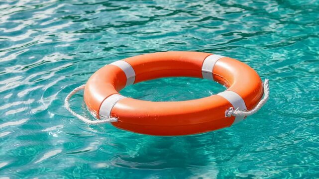 A bright orange life preserver ring floats on the clear blue water of a swimming pool or the ocean.