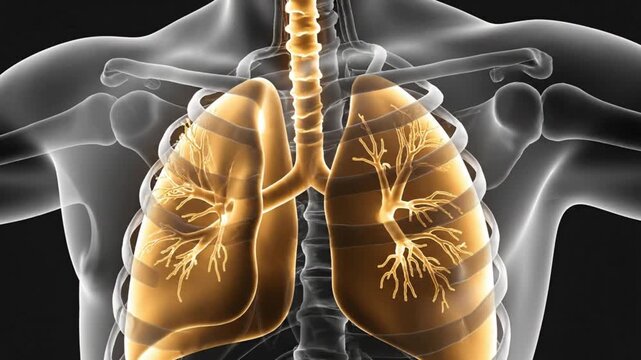 A video showcasing a detailed 3D illustration of the human lungs and respiratory system in a transparent body against a black background.