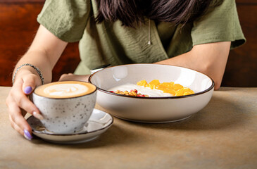 Modern Eco Yogurt Breakfast With Coffee Offered By Woman