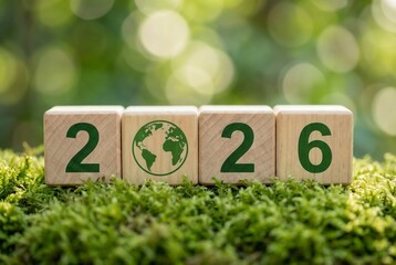 Wooden blocks resting on fresh green moss, spelling out the year "2026". The digit '0' is replaced by a green earth globe icon. Blurred natural green background with bokeh lighting. Concept of environ