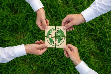 Top view of four hands holding wooden puzzle pieces together to form a green globe. Background of fresh green grass. Concept of saving the planet, international cooperation, ecology, and environmental