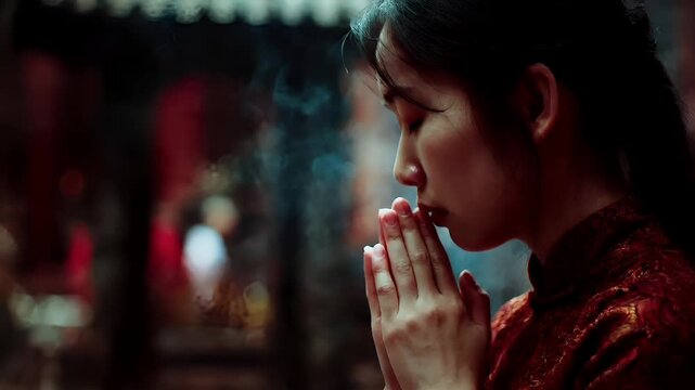 Chinese lunar new year holiday celebration. Spring festival tradition. Chunjie. Asia. A closeup of a womans face and upper body, with her eyes closed and hands clasped together in prayer.