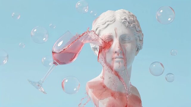 Bust of classical statue struck by splashing red wine surrounded by translucent bubbles in a pastel blue space. The composition contrasts smooth marble texture with liquid motion. Surreal mood and bol