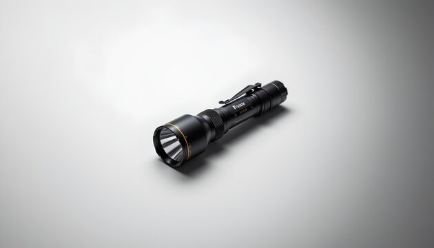 A single black tactical flashlight with orange illumination standing upright against a neutral background.