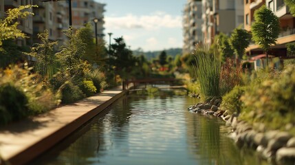A scenic view of a calm waterway surrounded by vibrant plants and neat walkways. The tranquil setting features residential buildings flanking the serene canal, creating a peaceful