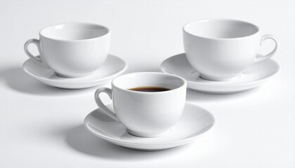 Minimalist white ceramic cup and saucer on white background, clean composition emphasizing form and texture.