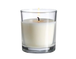 Lit white wax candle in clear glass jar with burning flame and wick, minimal spa home decor on isolated background