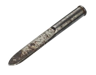 Old rusty steel knife blade with socket tang handle, worn metal cutting tool with corrosion and patina on isolated background