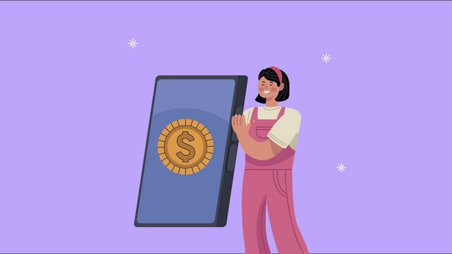 Animated Woman Holding Secure Money Safe Illustration.