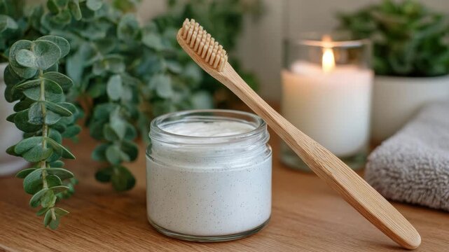 160Bamboo toothbrush beside a glass jar of natural toothpaste, clean spa-like aesthetic emphasizing minimal waste living