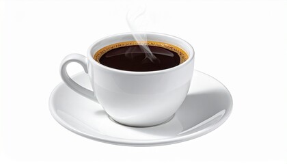 White ceramic cup of steaming black coffee on saucer with scattered beans, black background, cozy and bold.