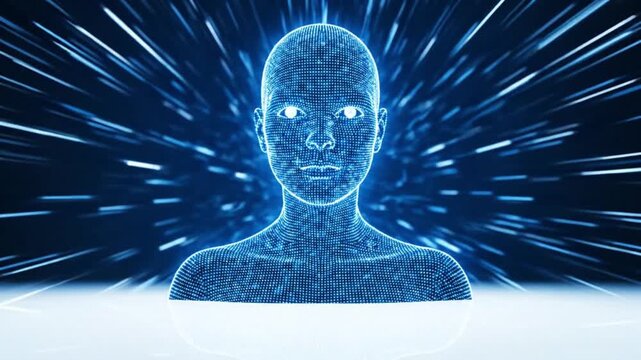 A futuristic video showcasing a human brain with glowing blue lines and a digital face in a virtual reality environment video.