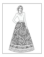 Black and white line art coloring page of a girl in a stylish patterned dress. Perfect for fashion-themed coloring books, creative activities, and artistic relaxation.