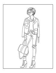 Black and white line art coloring page of a girl in a rocker-style outfit with a leather jacket and edgy accessories. Perfect for fashion coloring and creative artistic relaxation.