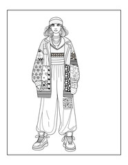 Black and white line art coloring page of a girl in a boho-style outfit featuring a patterned jacket and bohemian accessories. Perfect for fashion coloring and creative relaxation.
