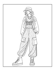 Black and white line art coloring page of a girl wearing a traditional sarafan dress with decorative patterns. Perfect for fashion coloring , cultural themes, and creative relaxation.
