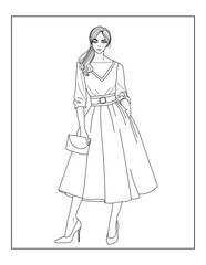 Black and white line art coloring page of a girl in a stylish sun skirt. Perfect for fashion coloring, creative activities, and artistic relaxation.