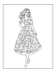 Black and white line art coloring page of a girl in a light summer-patterned dress. Perfect for fashion-themed coloring, creative activities, and artistic relaxation.