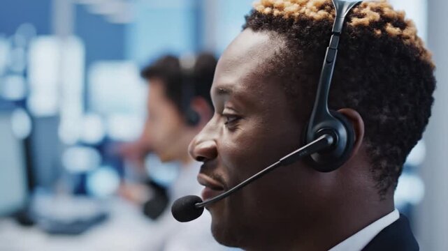 A customer service representative wearing a headset in a call center while working on a computer