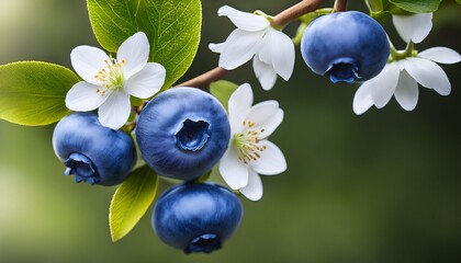 blueberries and white flowers on a branch
