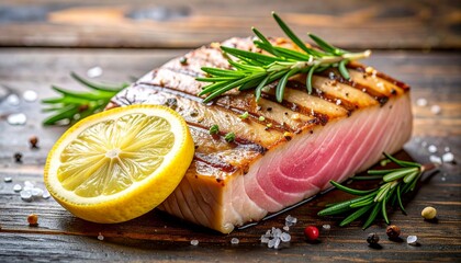 Grilled tuna steak with rosemary and lemon on dark plate, ocean sunset in background, vibrant and serene.