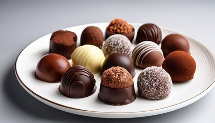 gourmet chocolate truffles in various flavors and shapes beautifully arranged on a simple white plate the truffles feature a rich creamy texture and a tempting display for a decadent indulgent treat