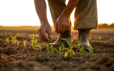 A farmer s hands gently tending to young sprouts in a field