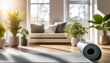 a bright and inviting home gym space with a rolled up yoga mat