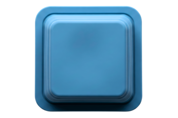 Blue square button with rounded corners and stepped edges on a transparent background