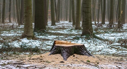Winter Forest Stump and Snow.
