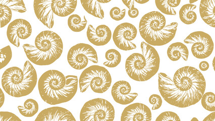Seamless pattern of golden seashells on transparent background