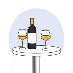 Modern wine still life  icon of vector illustration and red wine bottle and two glasses on white round table on white background.
