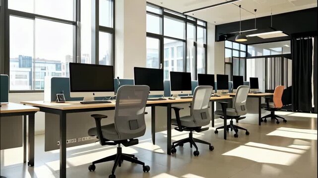Modern, bright office interior with rows of empty desks, computers, and chairs. Ideal for a productive workspace.