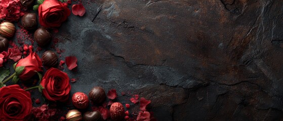 Red roses and assorted chocolates on dark stone background with elegant romantic flat lay composition