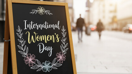 Chalkboard sign for International Women&rsquo;s Day on a street, ideal for cafes, marketing, and community events