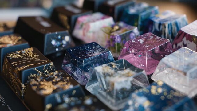 191Close-up of artisan keycaps arranged on the board, textures and colors highlighting creativity