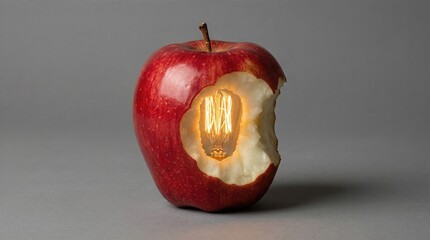 Red apple with large bite mark revealing glowing light bulb filament