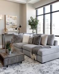 Modern gray living room interior with fabric sofa and large window natural light