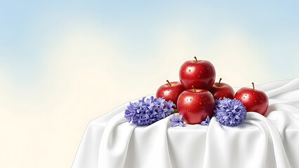 Red Apples and Purple Hyacinths on White Cloth &ndash; Minimal Watercolor Spring Still Life with Sky-Blue to Ivory Gradient and Copy Space for Nowruz