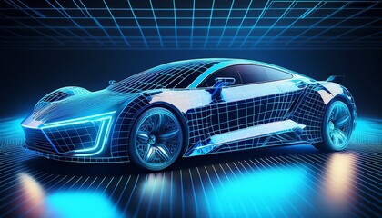 futuristic blue wireframe sports car concept on a grid